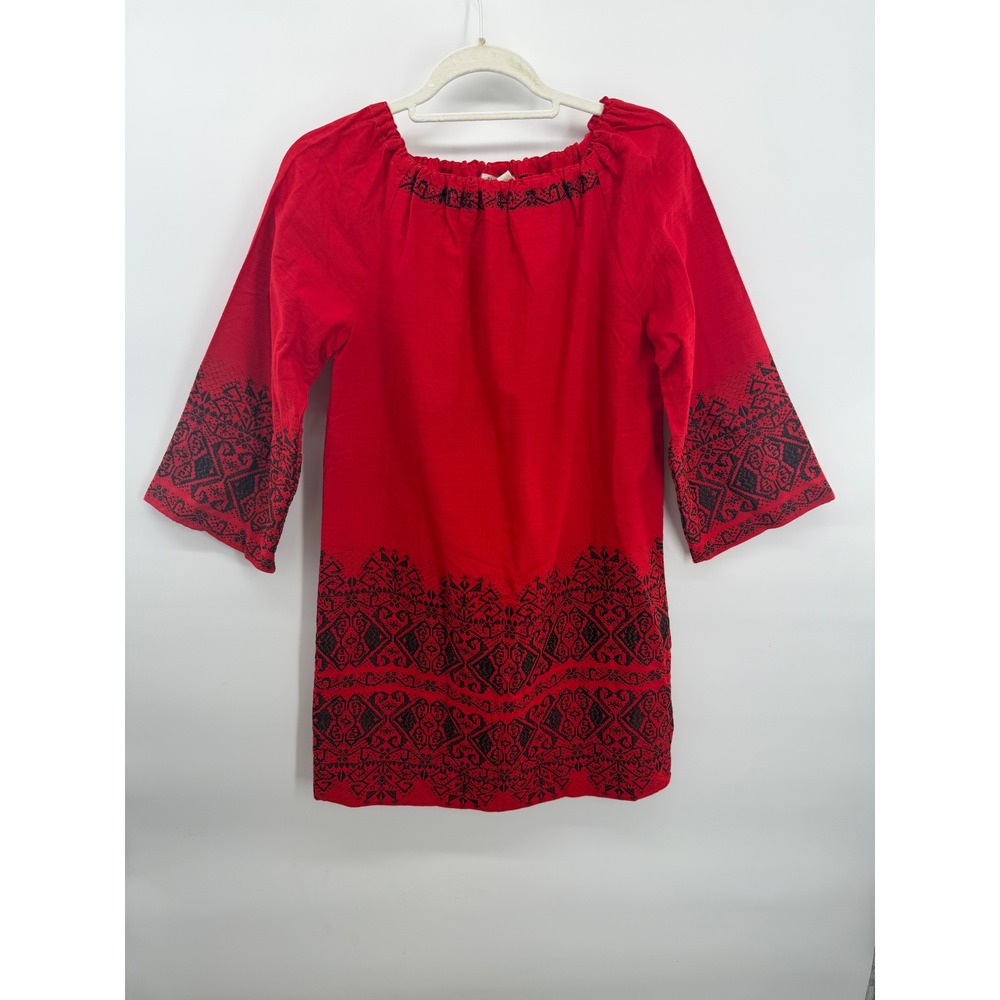 Eltsos Bros Tunic Dress Red Embroidered Folk Boho 3/4 Sleeve Greece Size M